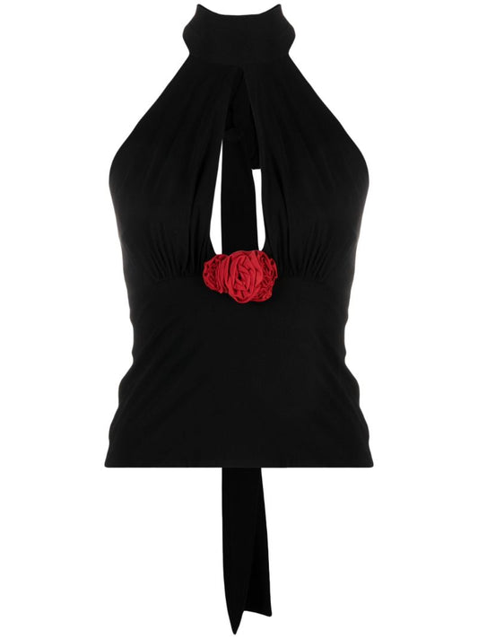 Black Rose-appliquÃ© Halterneck Top