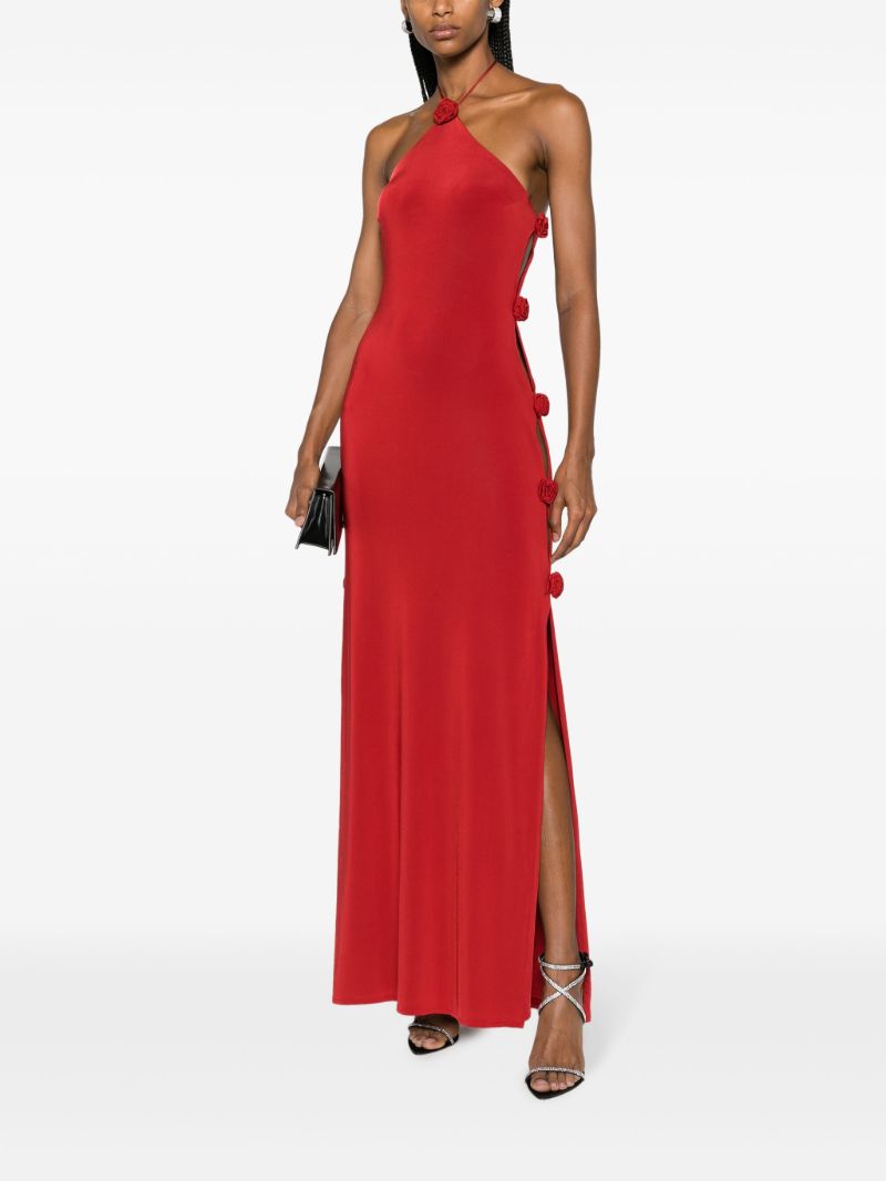 Red Rosette-embellished Halterneck Maxi Dress