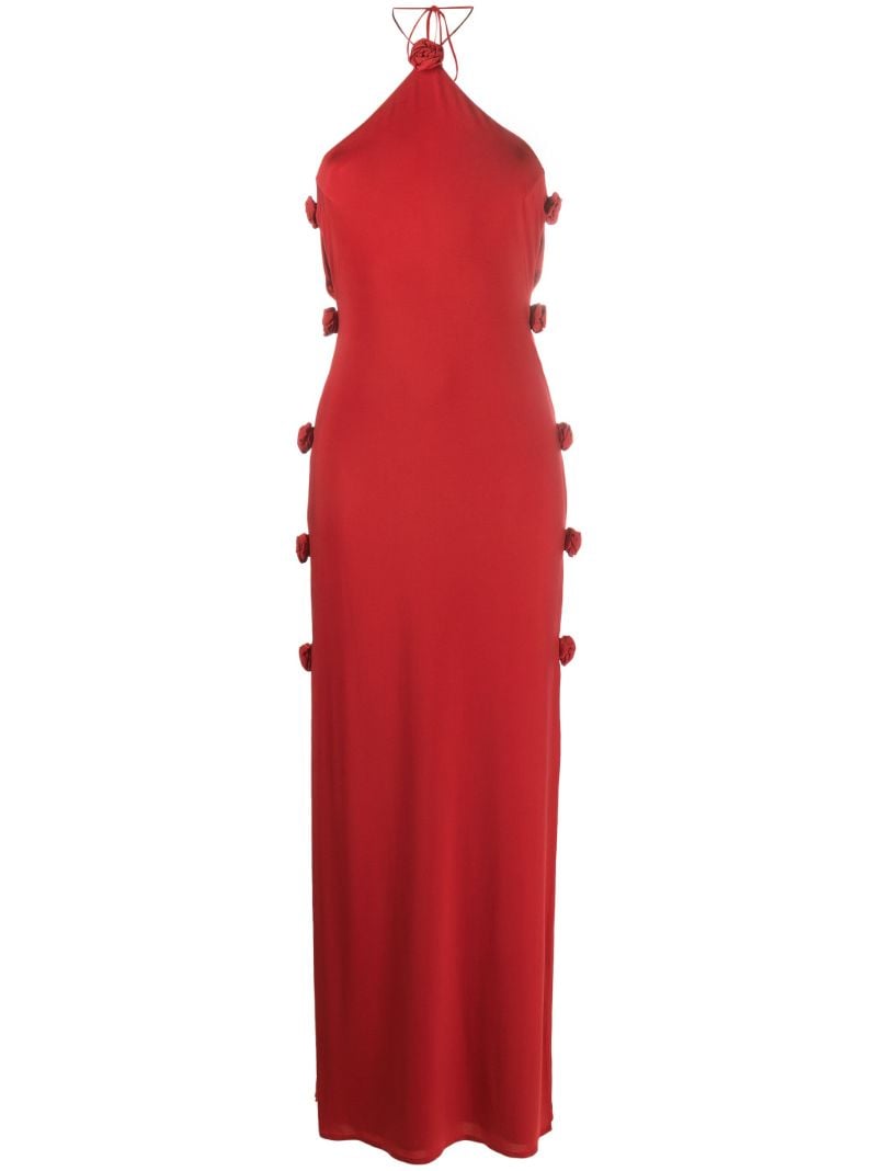 Red Rosette-embellished Halterneck Maxi Dress