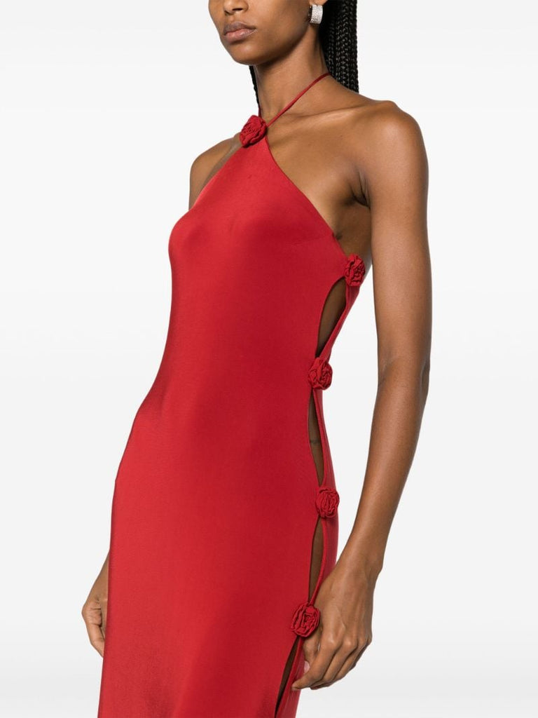 Red Rosette-embellished Halterneck Maxi Dress