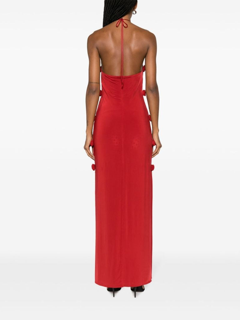 Red Rosette-embellished Halterneck Maxi Dress