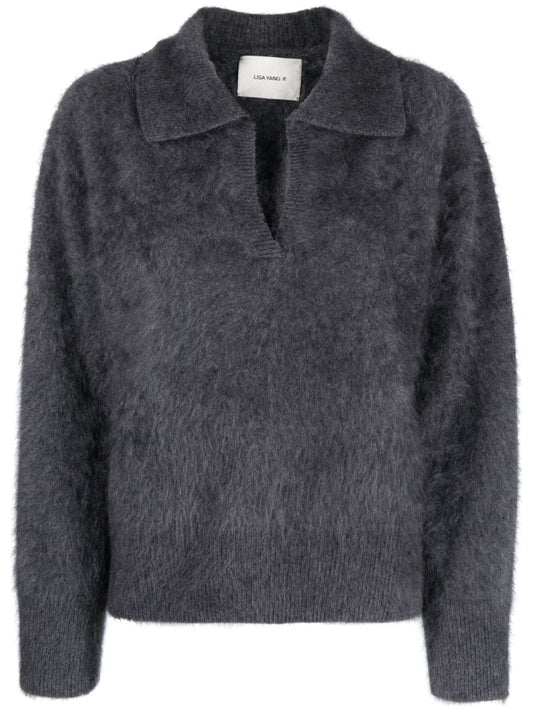 Grey Split Neck Cashmere Sweater