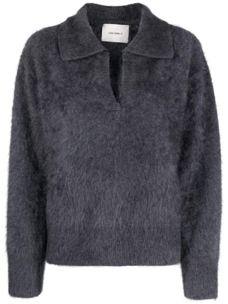 Grey Split Neck Cashmere Sweater