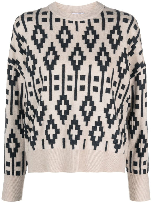Neutral Geometric-jacquard Sweater