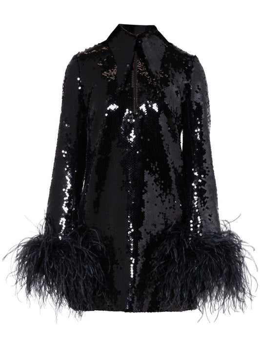 Black Michelle Feather-trim Sequinned Mini Dress
