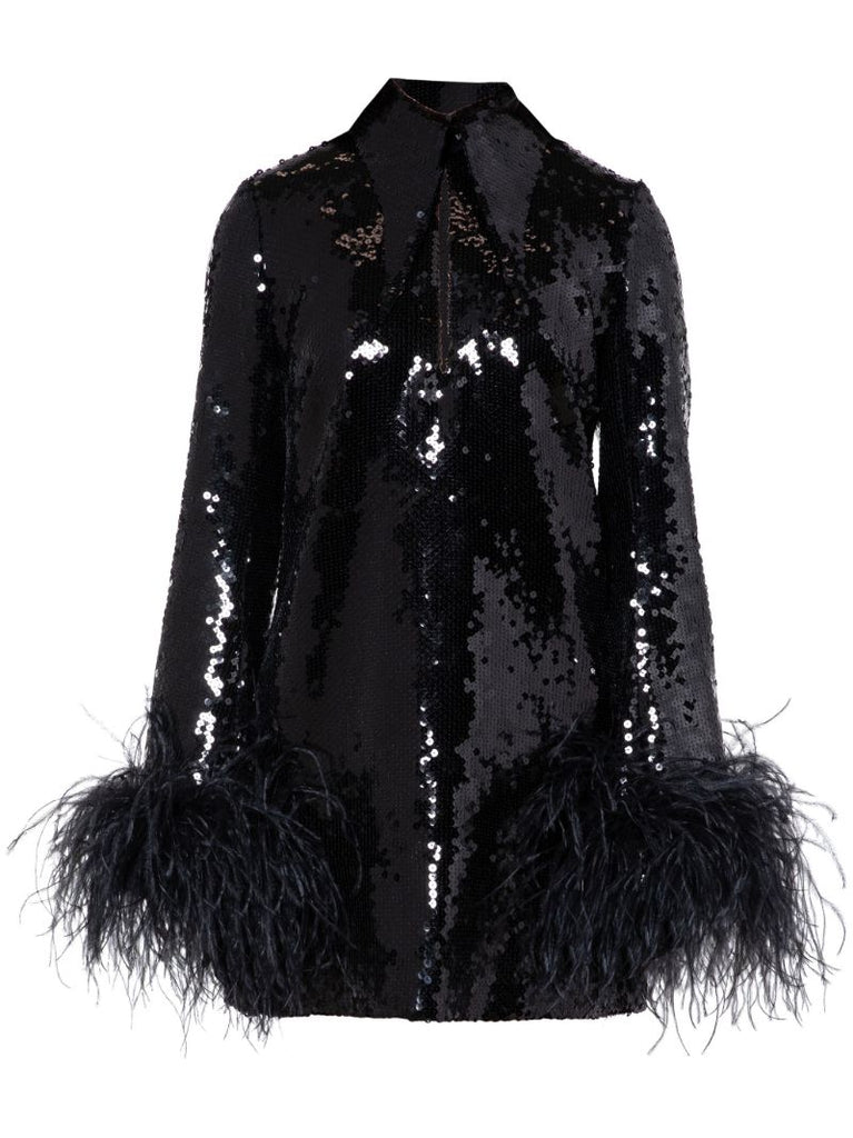 Black Michelle Feather-trim Sequinned Mini Dress