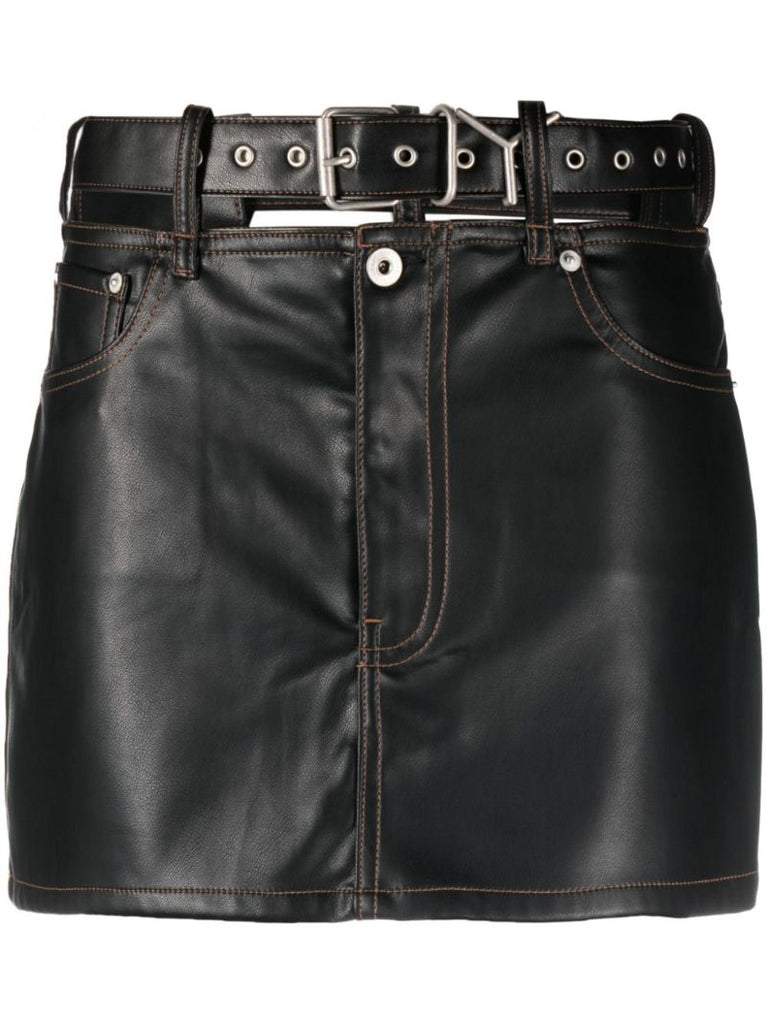 Black Y-belt Faux Leather Mini Skirt