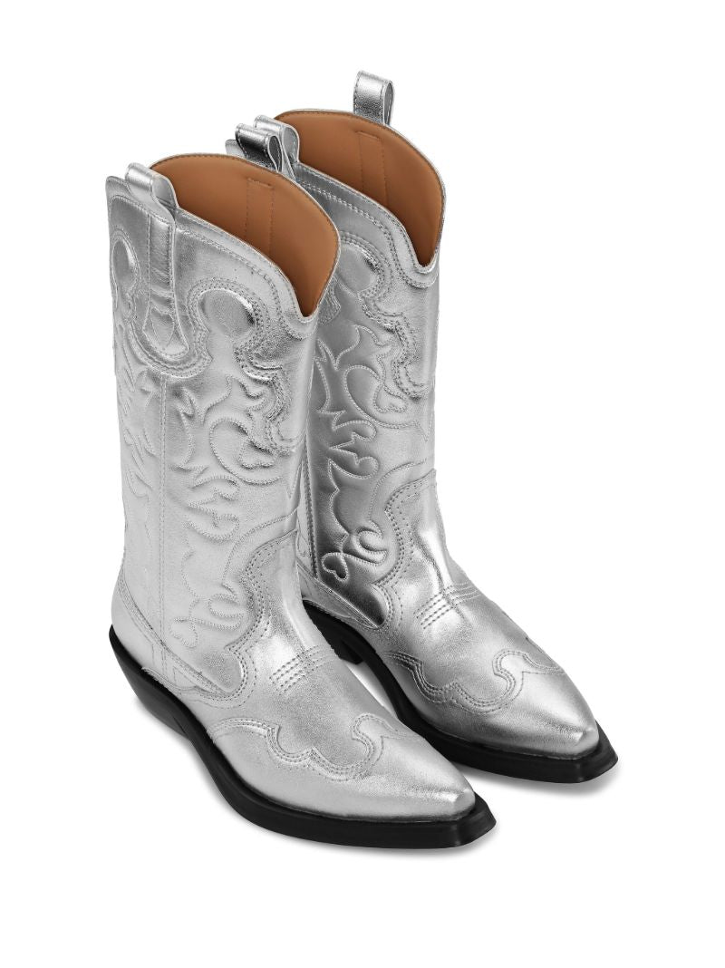 Silver Faux-leather Western Boots