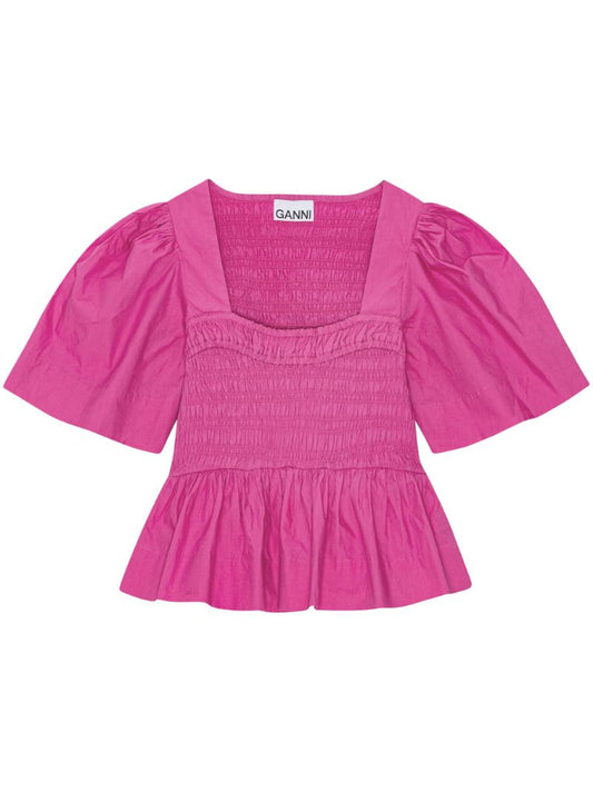 Pink Shirred Peplum Blouse