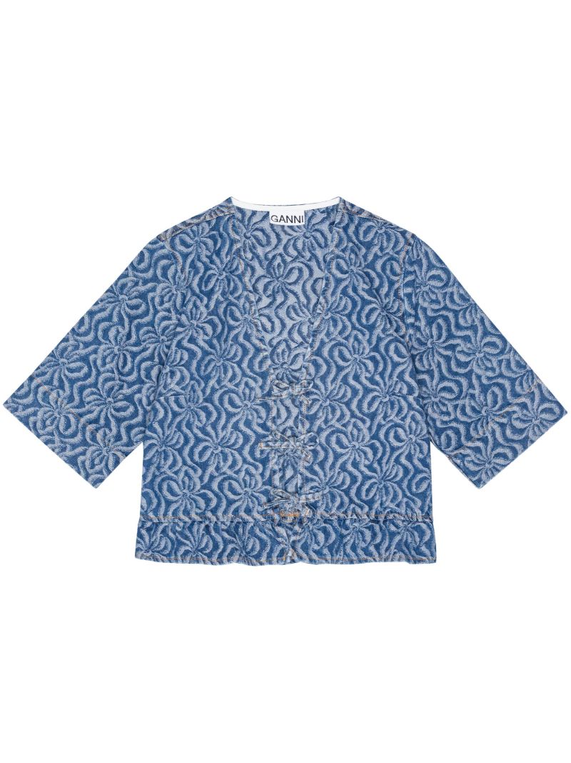 Blue Floral-jacquard Denim Blouse