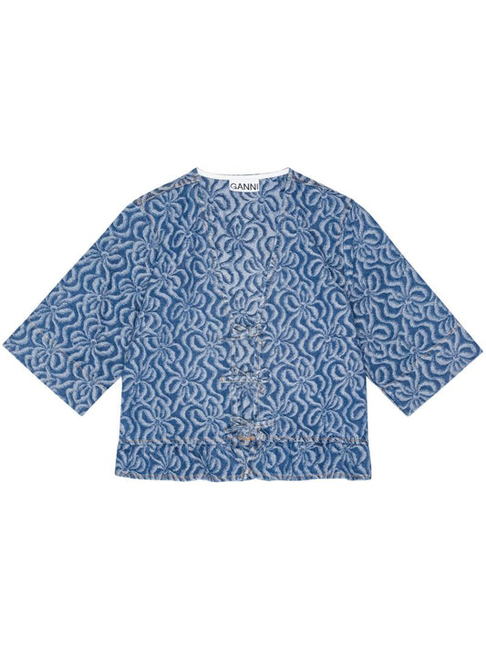 Blue Floral-jacquard Denim Blouse
