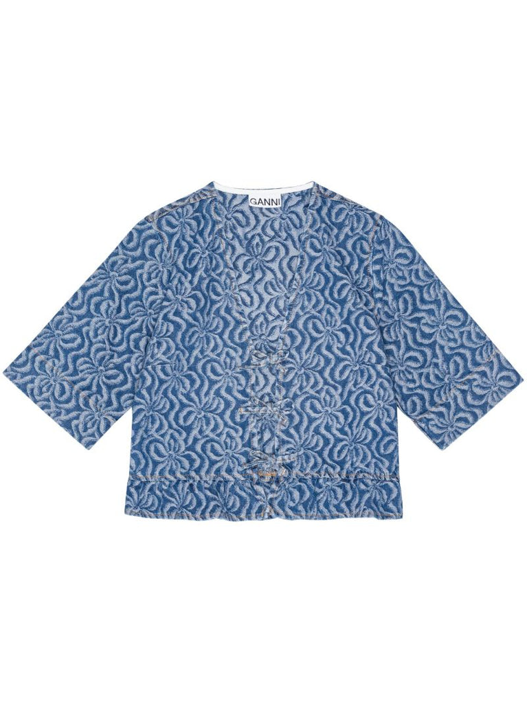 Blue Floral-jacquard Denim Blouse