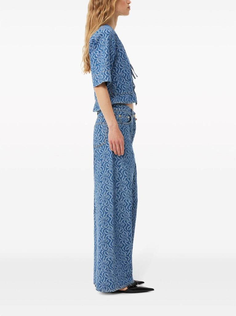 Blue Floral-jacquard Denim Blouse