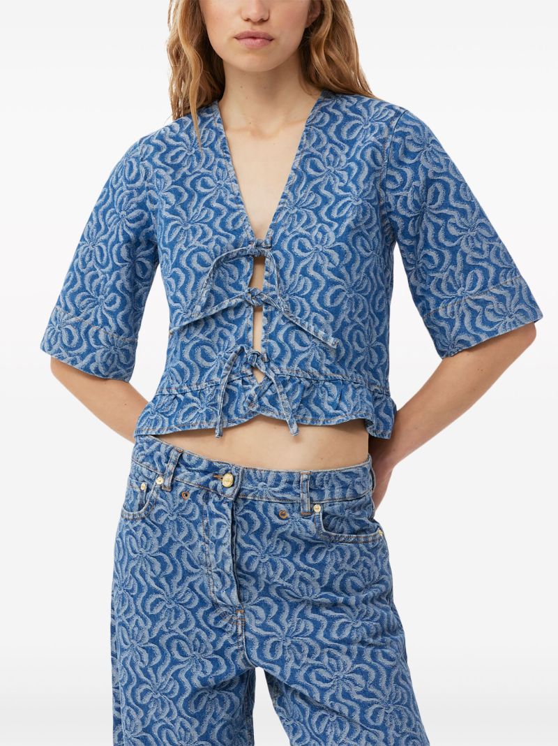 Blue Floral-jacquard Denim Blouse