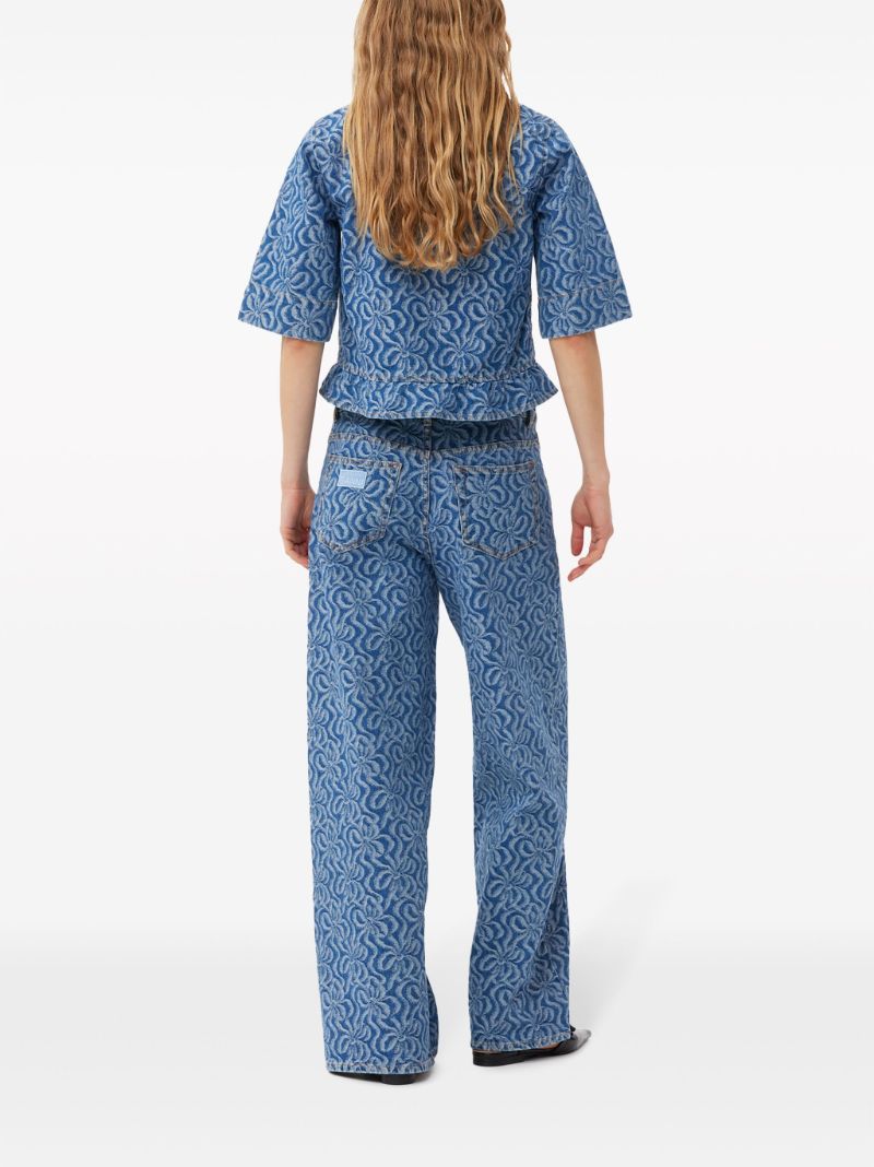 Blue Floral-jacquard Denim Blouse