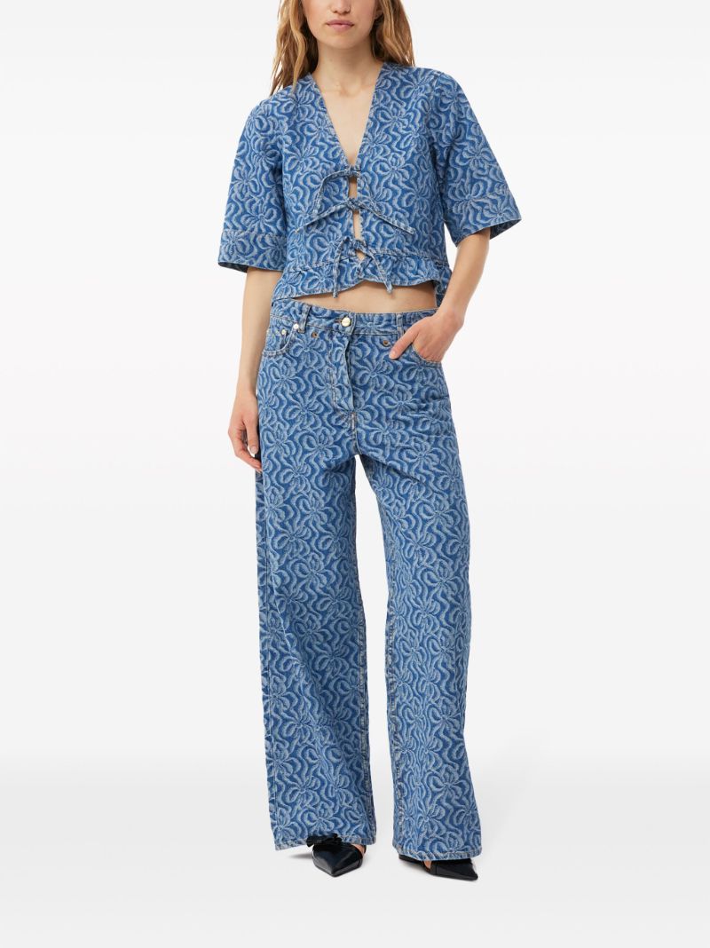 Blue Floral-jacquard Denim Blouse