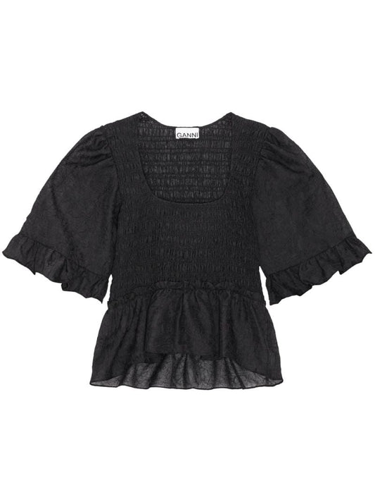 Black Crinkled Smocked Top