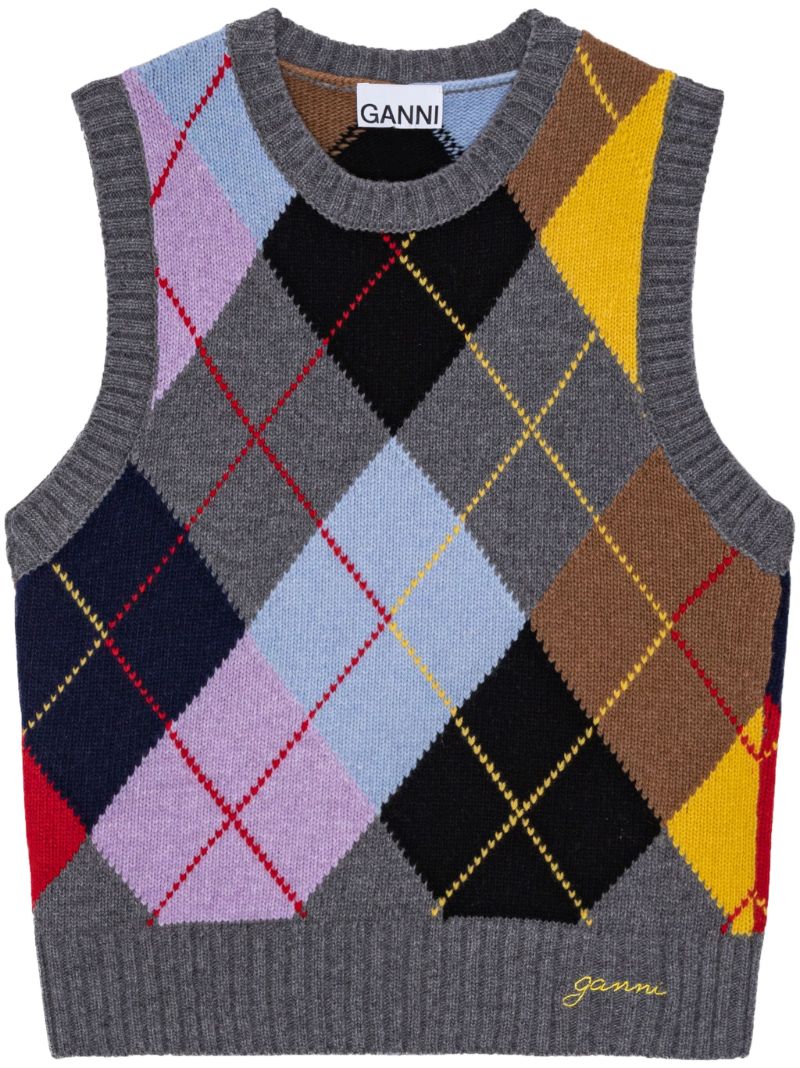 Multicoloured Argyle-print Knitted Vest