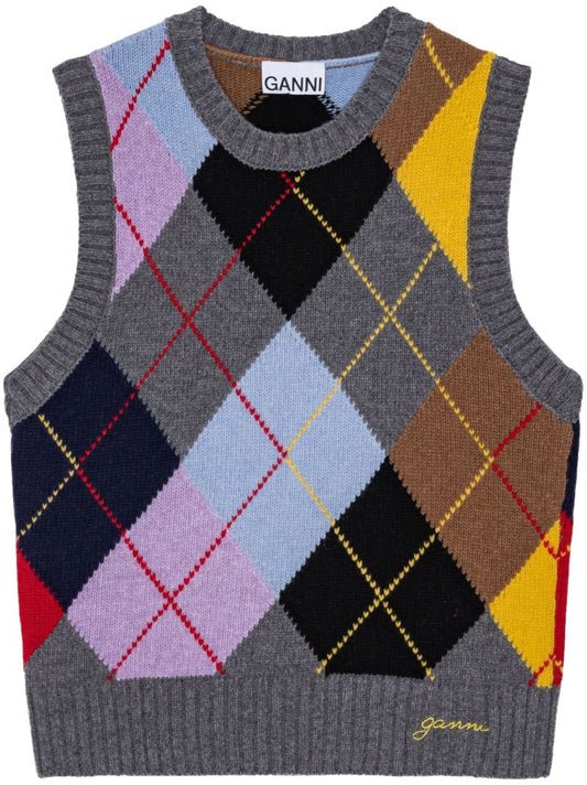 Multicoloured Argyle-print Knitted Vest