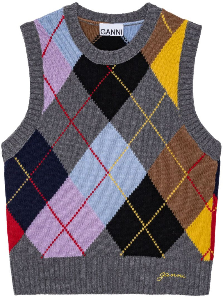 Multicoloured Argyle-print Knitted Vest