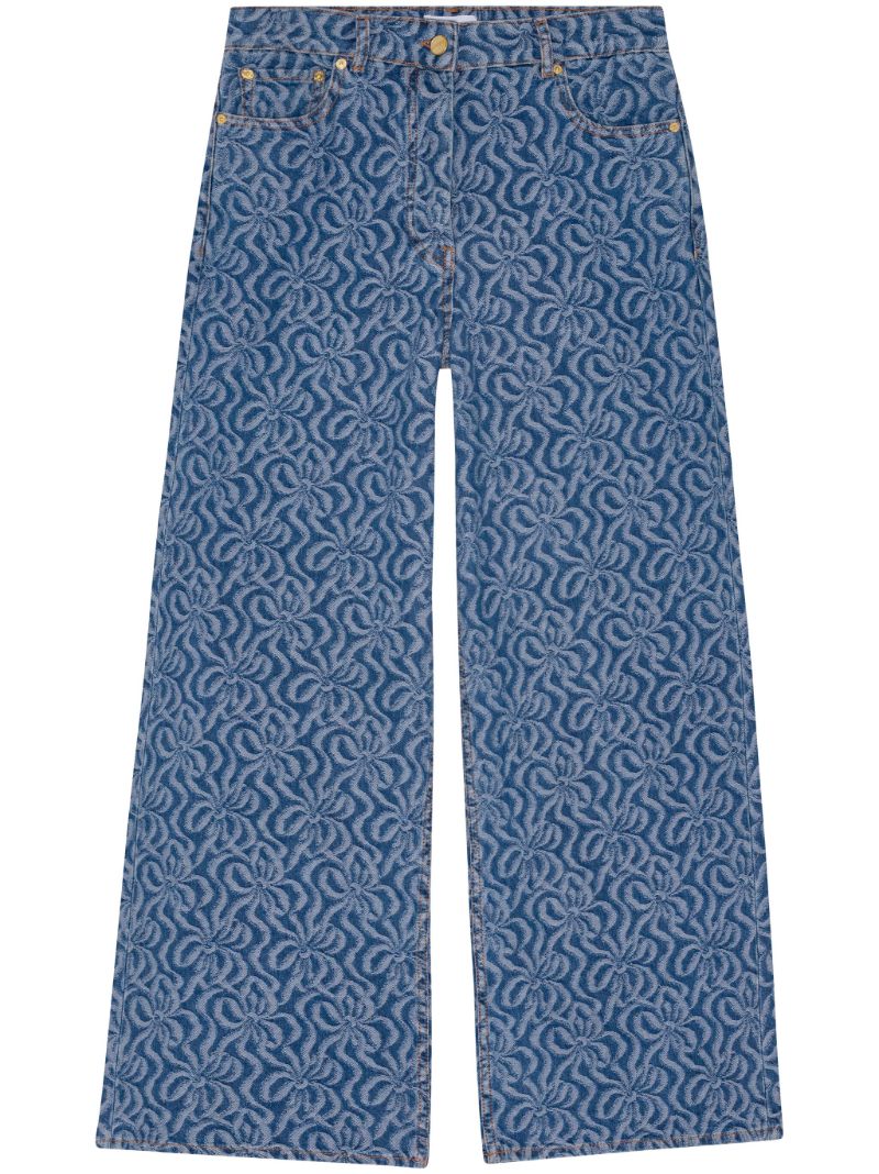 Blue Floral-print Wide-leg Jeans