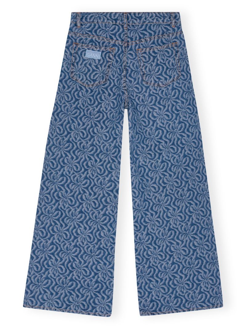 Blue Floral-print Wide-leg Jeans