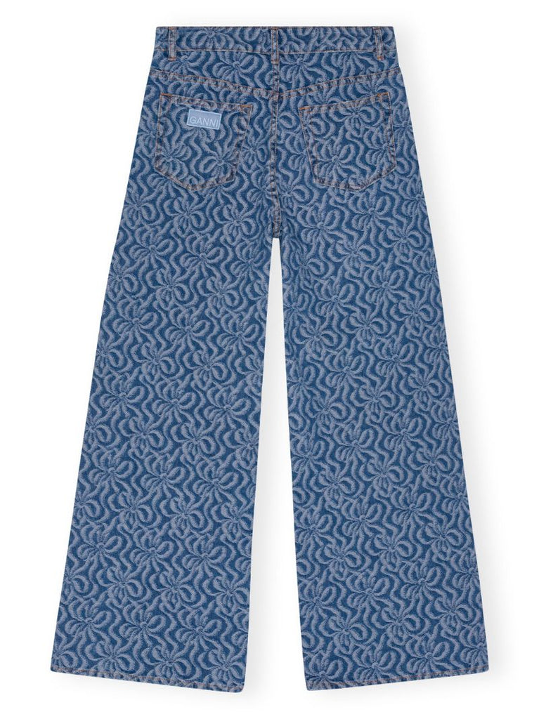 Blue Floral-print Wide-leg Jeans