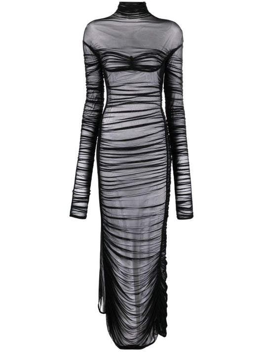 Black Ruched Sheer Maxi Dress