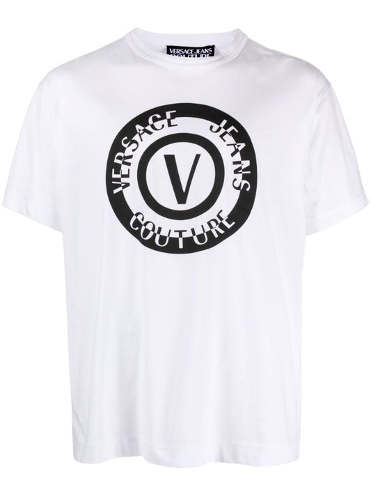 White V-emblem Logo-print T-shirt