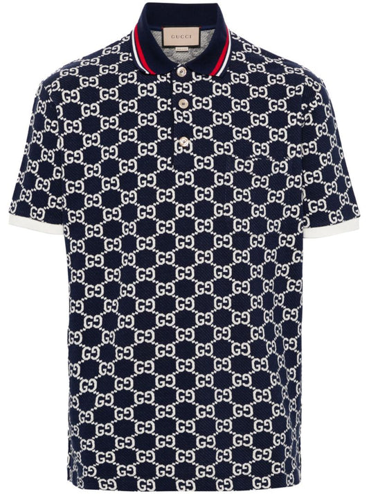 Blue Gg Jacquard Cotton Polo Shirt