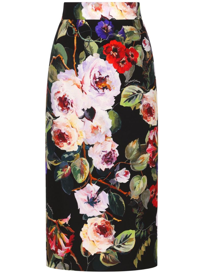 Black Garden Charmeuse Pencil Skirt