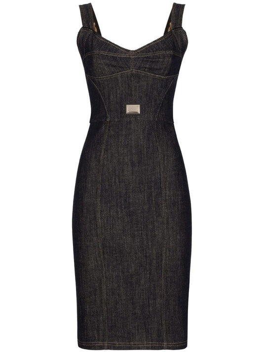 Black Logo Plaque Denim Midi Dress
