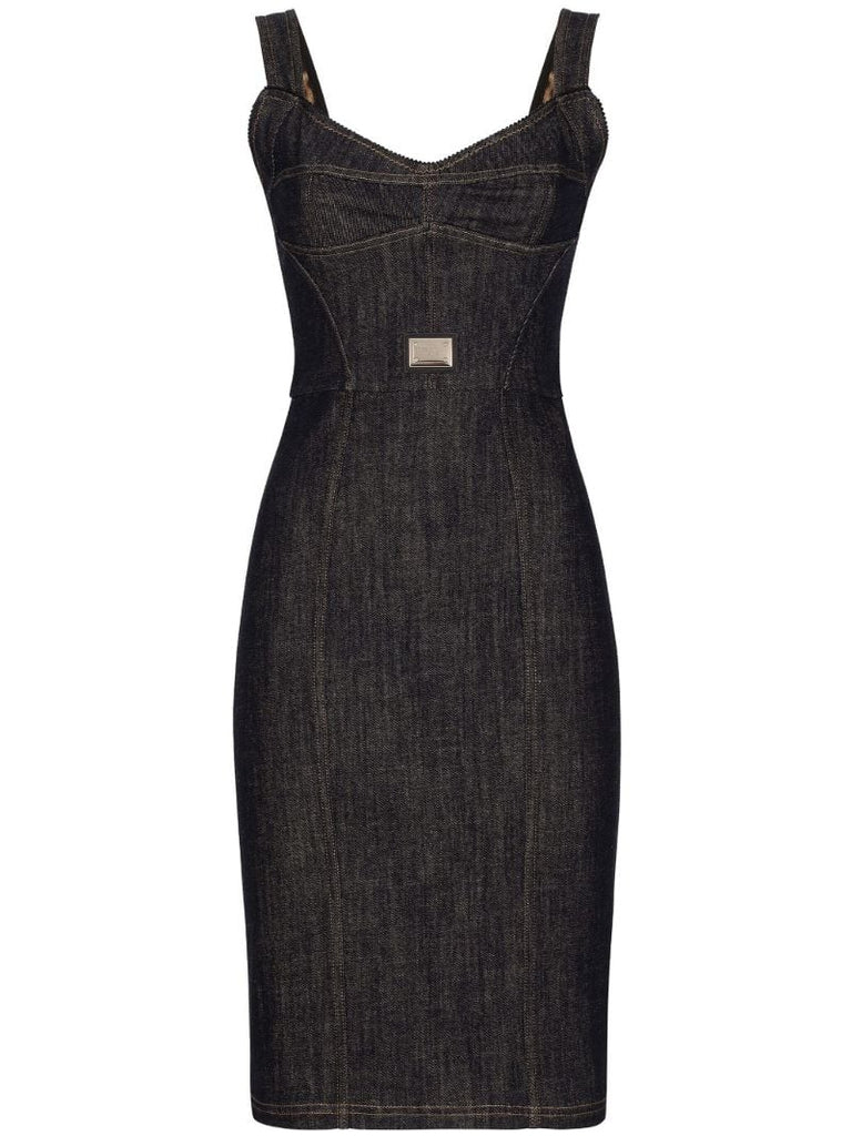 Black Logo Plaque Denim Midi Dress