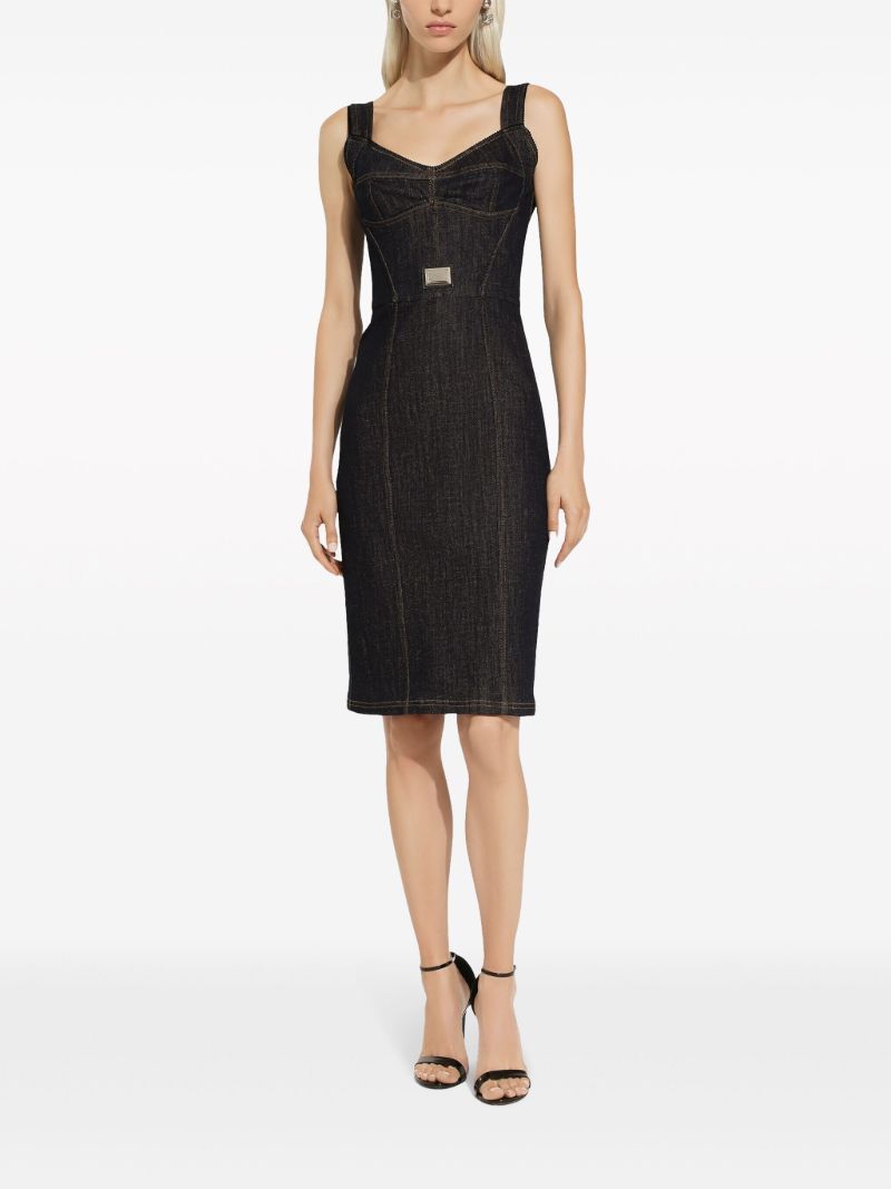 Black Logo Plaque Denim Midi Dress