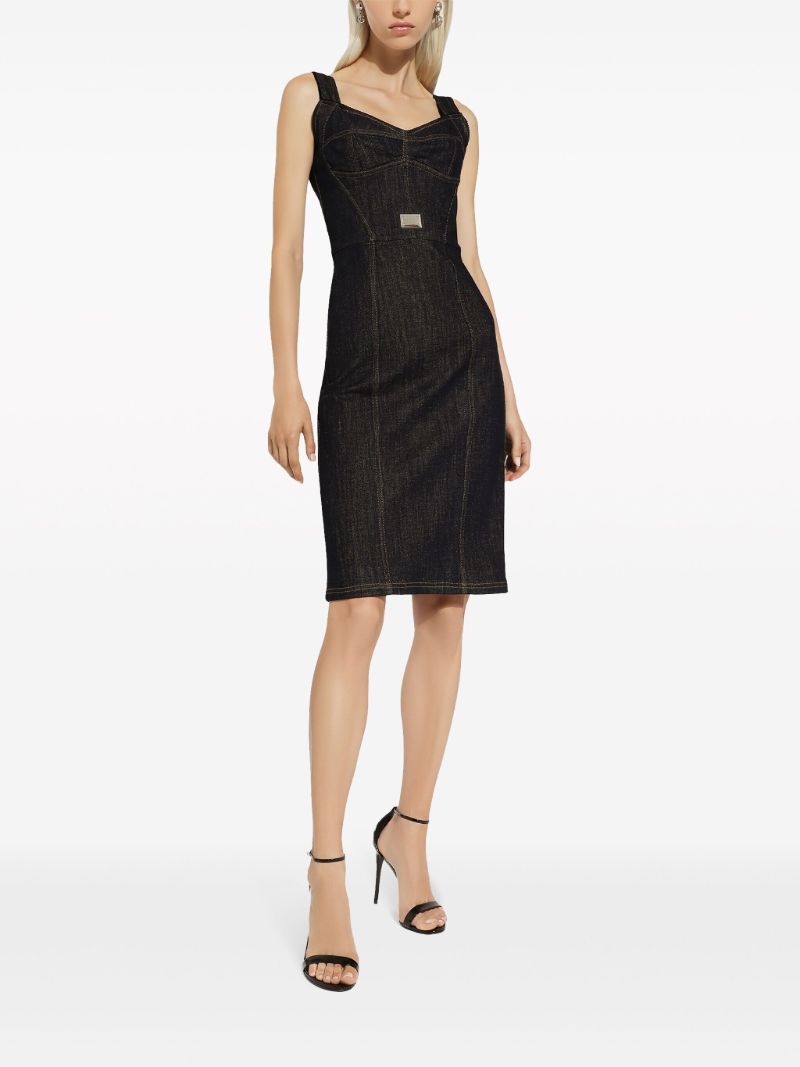 Black Logo Plaque Denim Midi Dress