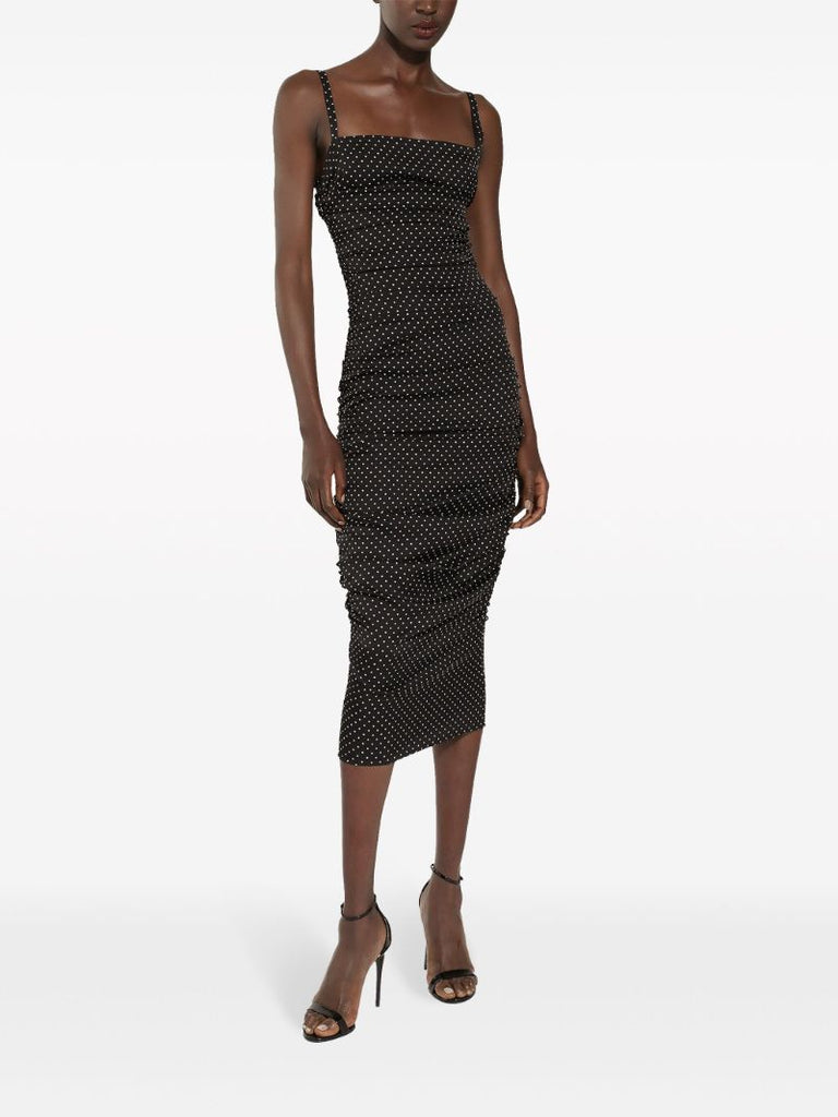 Black Polka Dot Ruched Midi Dress