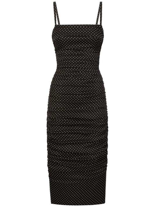 Black Polka Dot Ruched Midi Dress