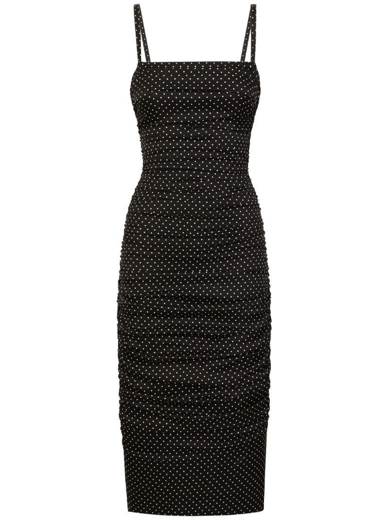 Black Polka Dot Ruched Midi Dress
