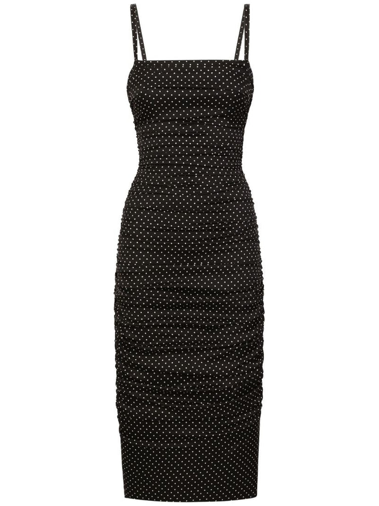Black Polka Dot Ruched Midi Dress