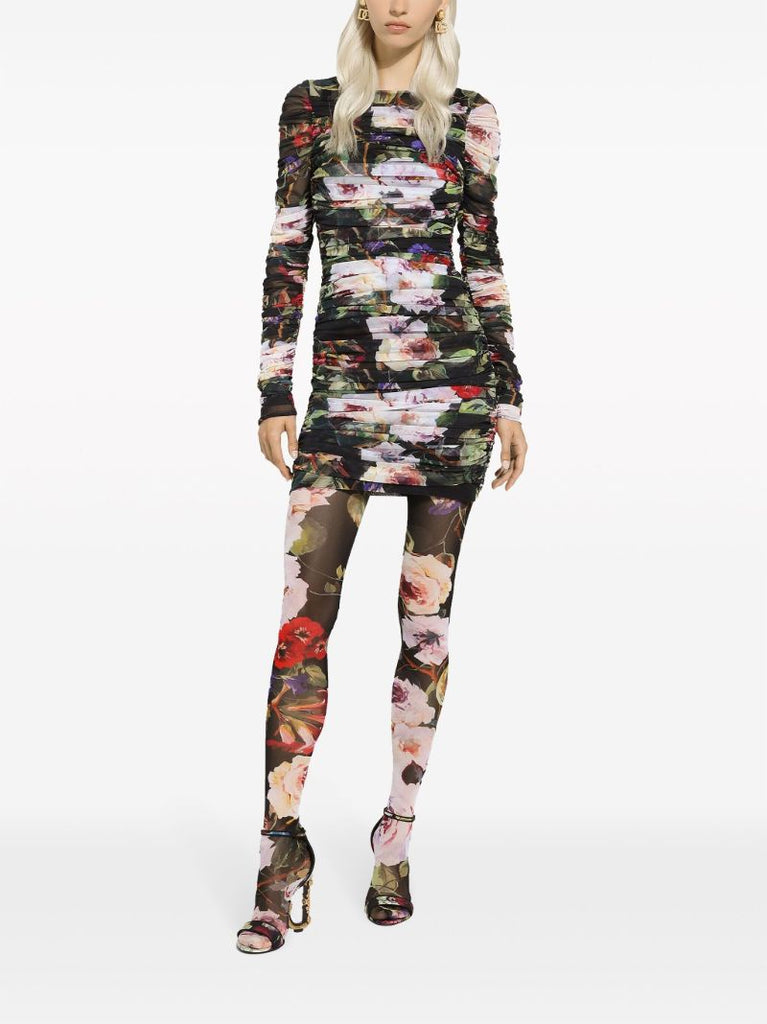 Black Floral Print Ruched Mini Dress