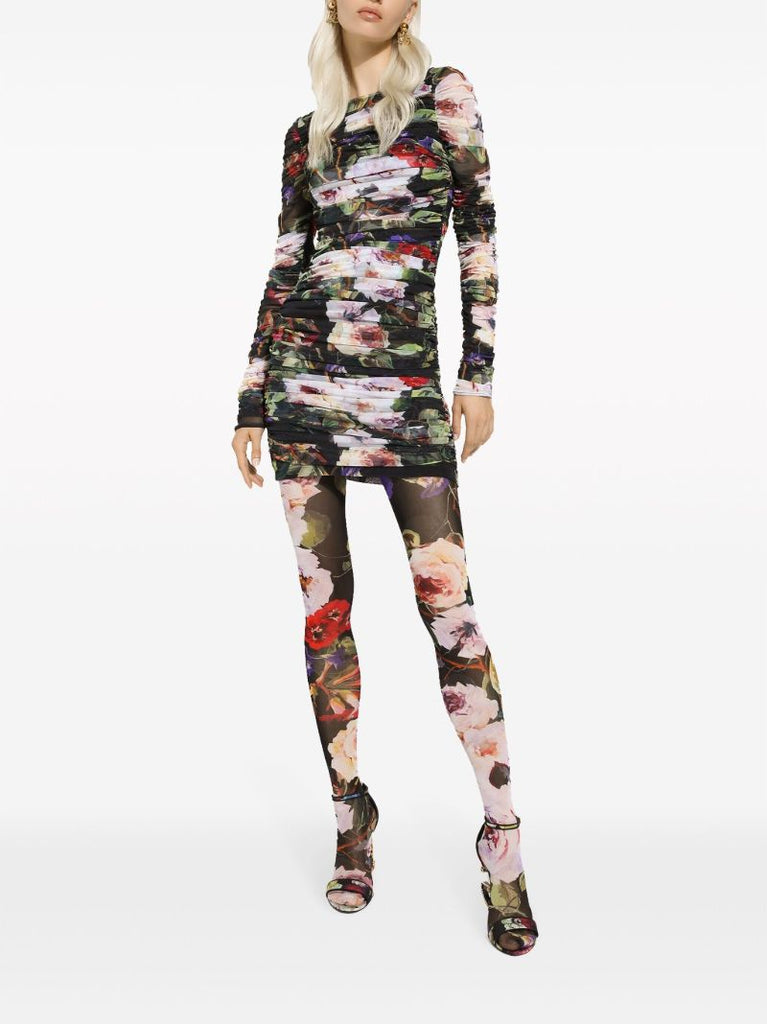 Black Floral Print Ruched Mini Dress