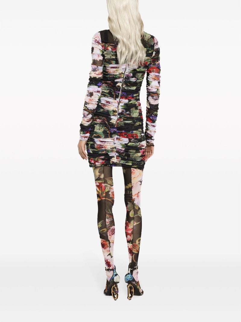 Black Floral Print Ruched Mini Dress