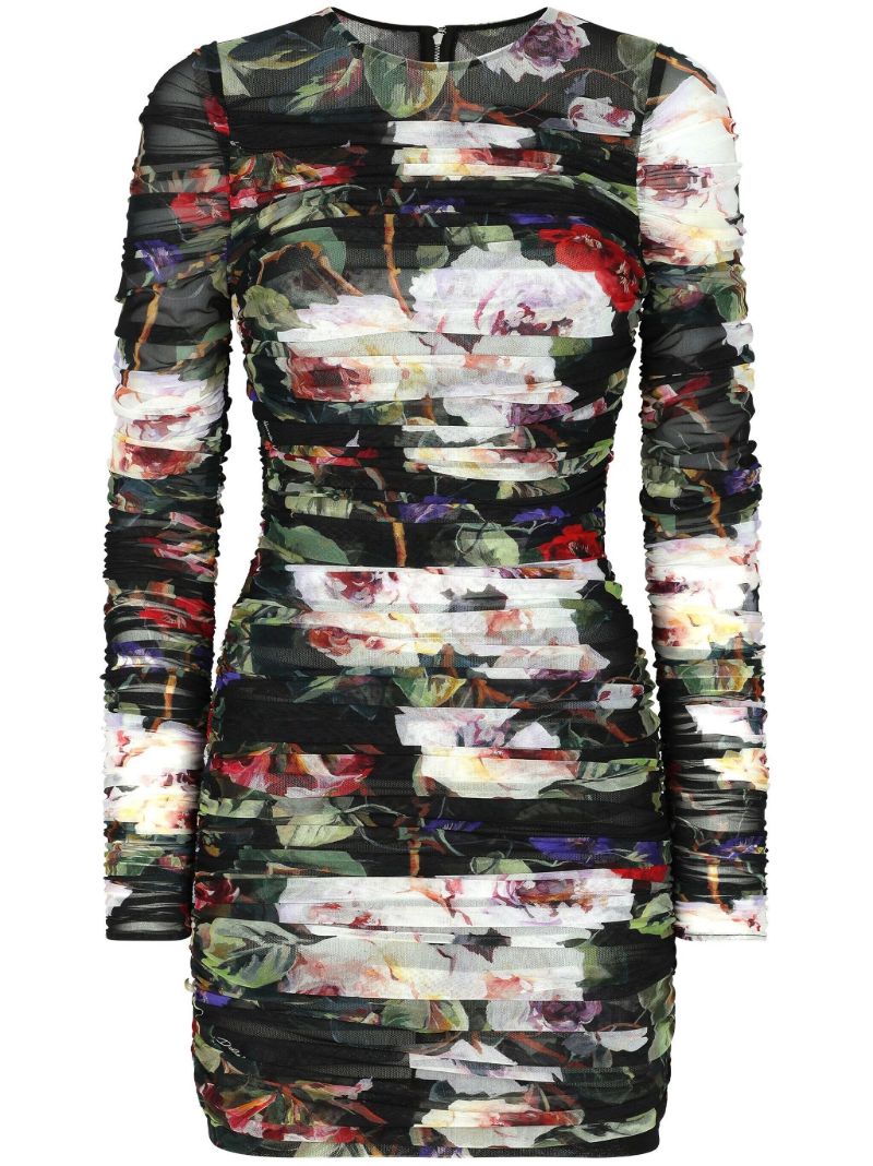 Black Floral Print Ruched Mini Dress