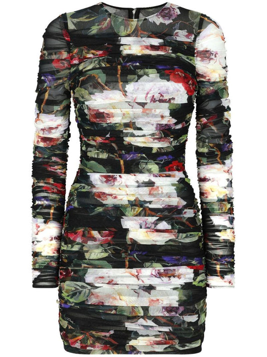 Black Floral Print Ruched Mini Dress