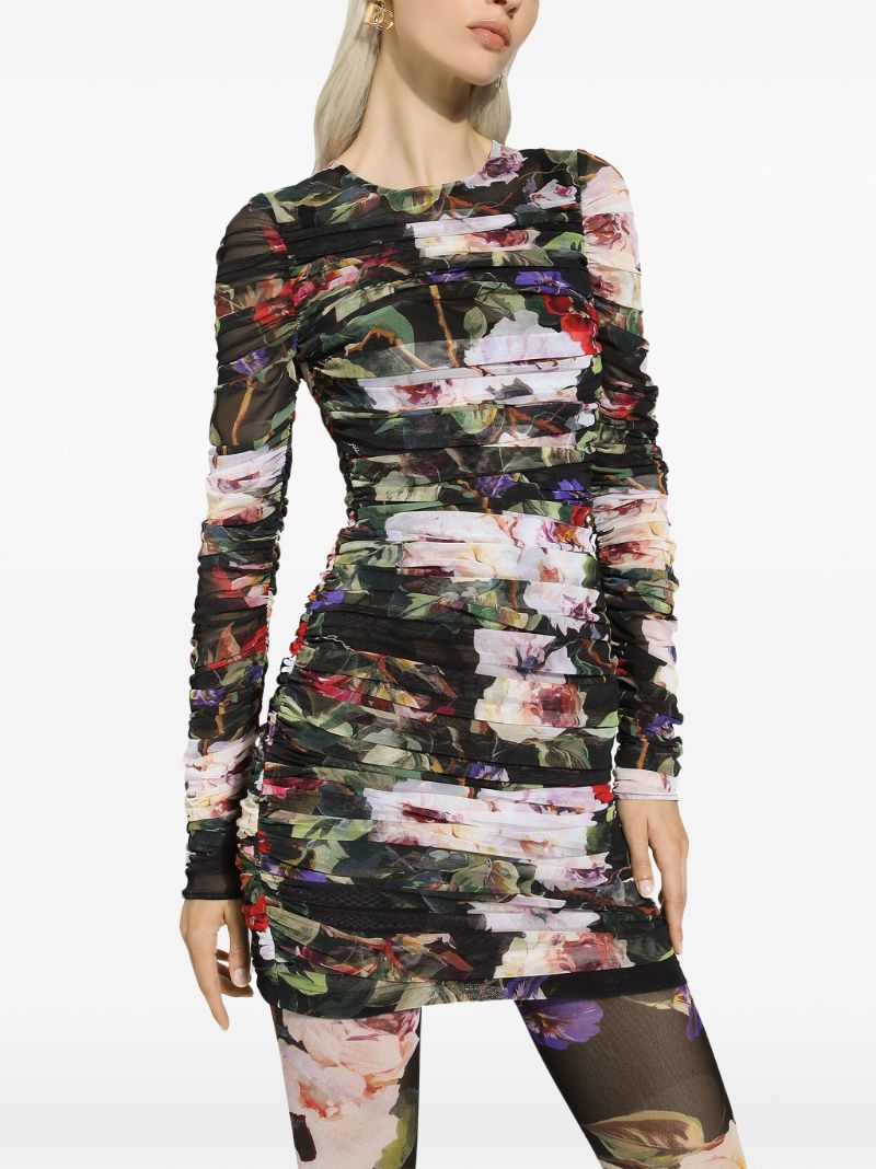 Black Floral Print Ruched Mini Dress