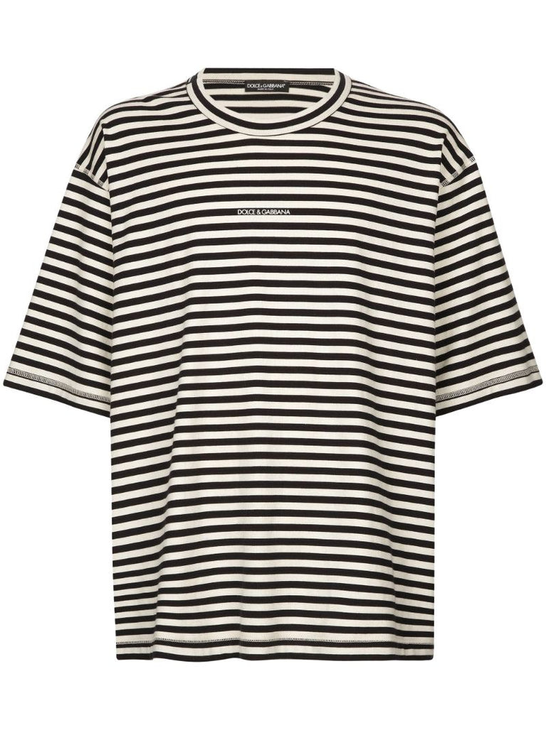 Black and White Stripe-print Cotton T-shirt