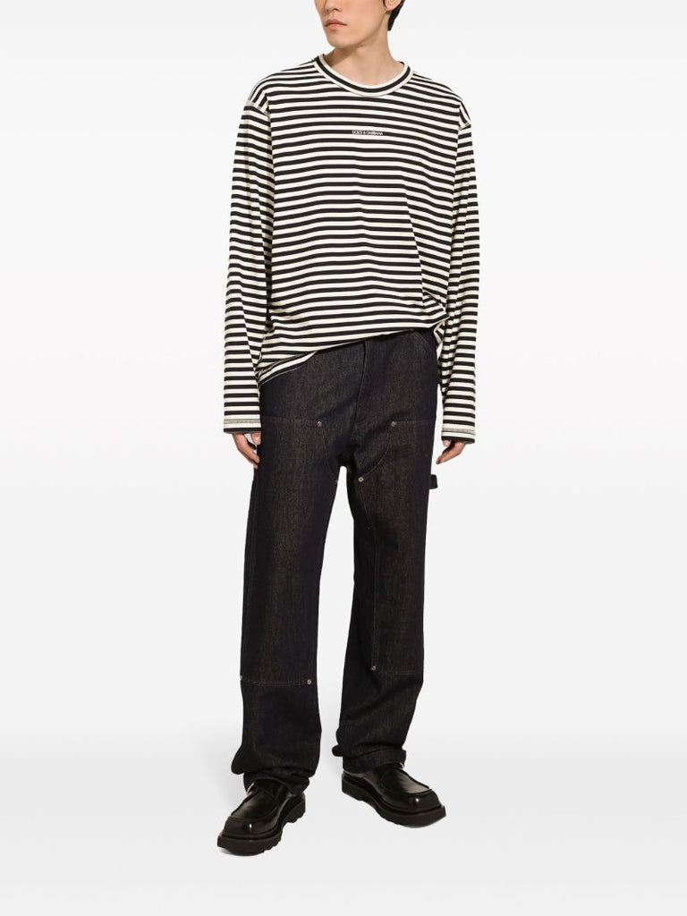 Black and White Stripe-print Cotton T-shirt