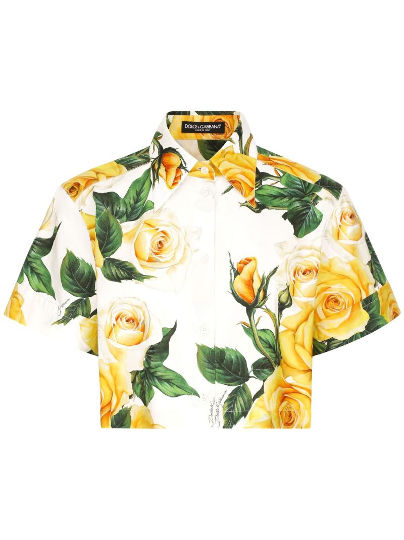 White Rose Print Cropped Shirt