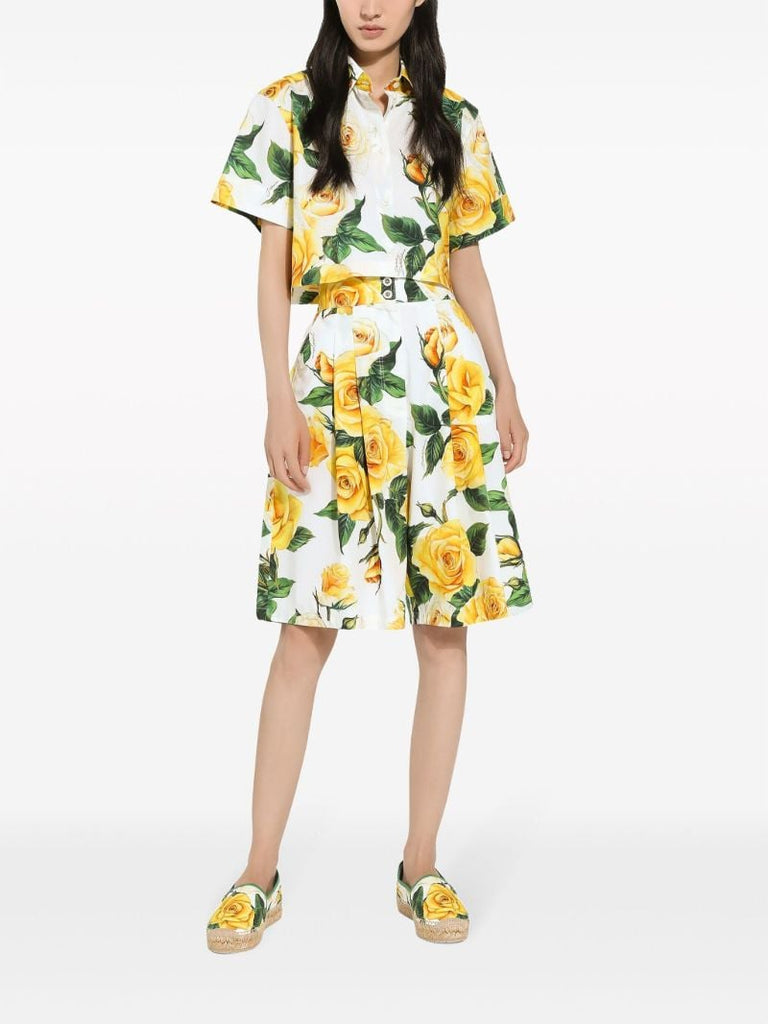 White Rose Print Cropped Shirt
