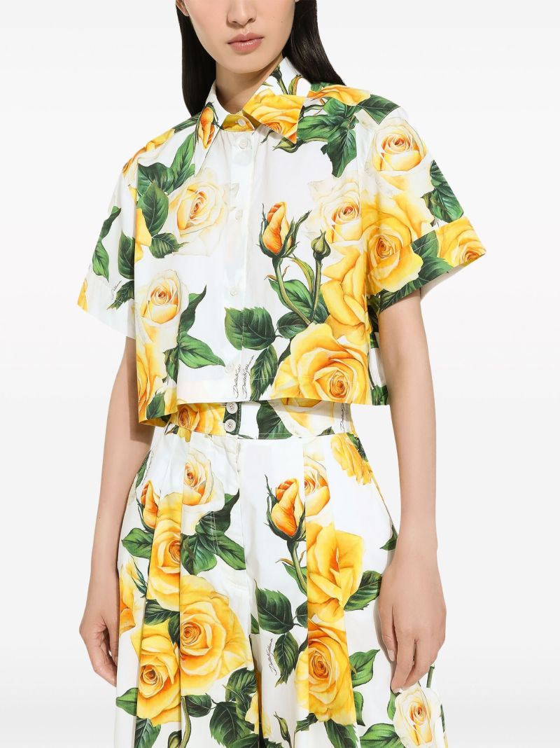 White Rose Print Cropped Shirt